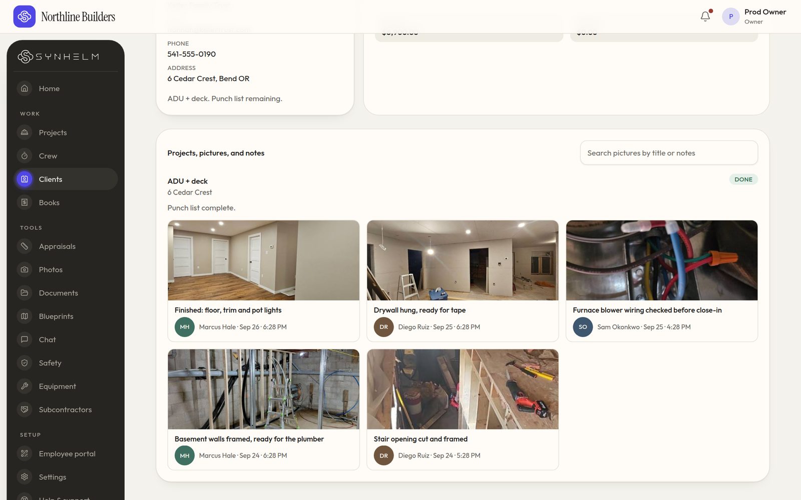 A client file showing the project with crew photos of basement framing, a stair opening, furnace wiring, drywall and the finished floor, each with who took it and when