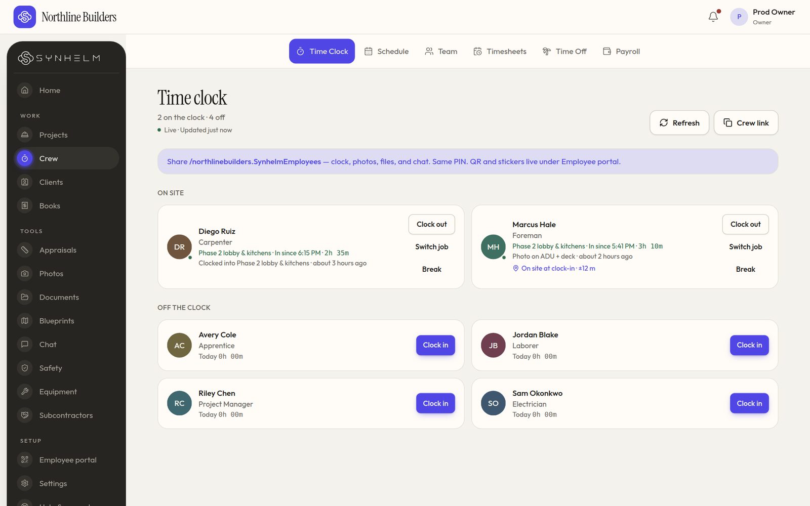 The office time clock: two crew members on site with their job, time on the clock and last activity, and four off the clock with Clock in buttons