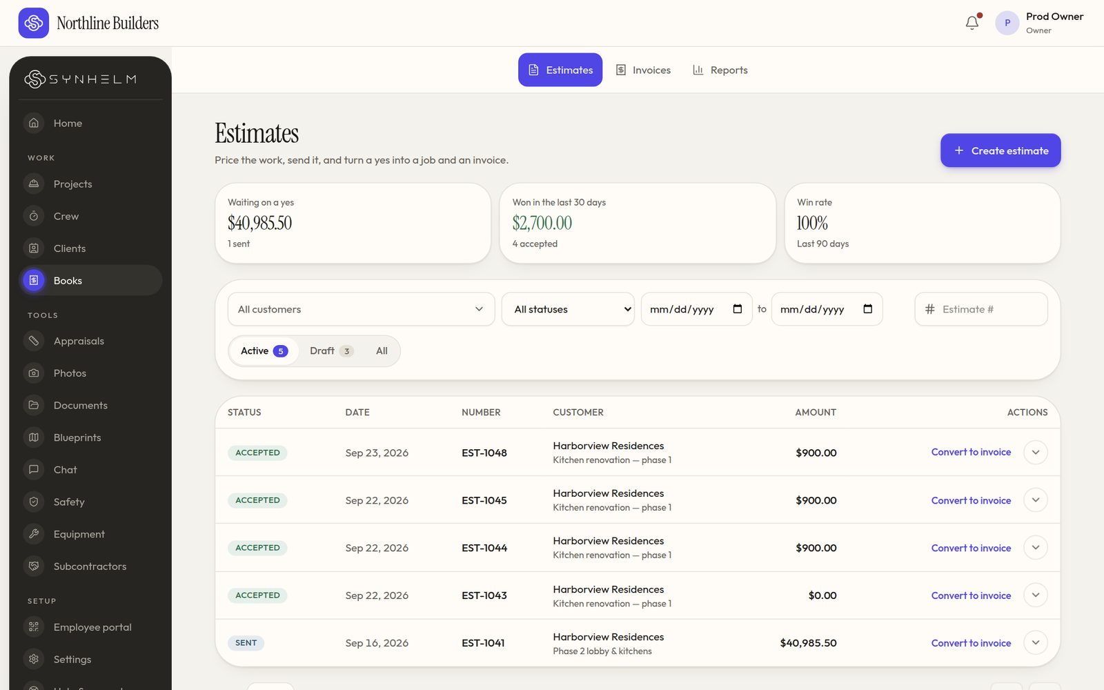 The Estimates list with money waiting on a yes, won in the last 30 days and win rate, above estimates with Convert to invoice on each row