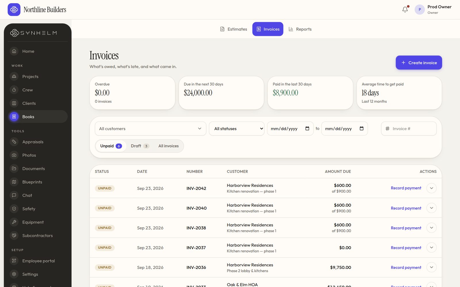 The Invoices list with overdue, due in the next 30 days, paid in the last 30 days and average days to get paid, above a list of unpaid invoices with Record payment on each row