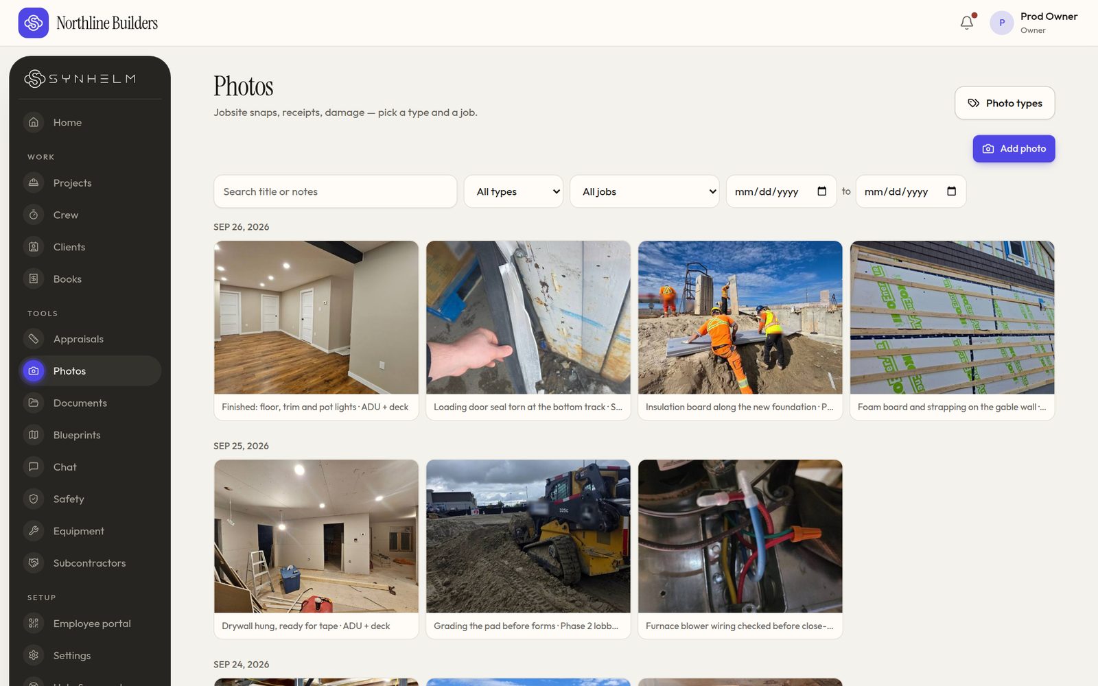 The Photos page with jobsite photos grouped by day: a finished basement, a damaged door seal, crew laying insulation board, foam and strapping on a wall, a skid steer grading and furnace wiring