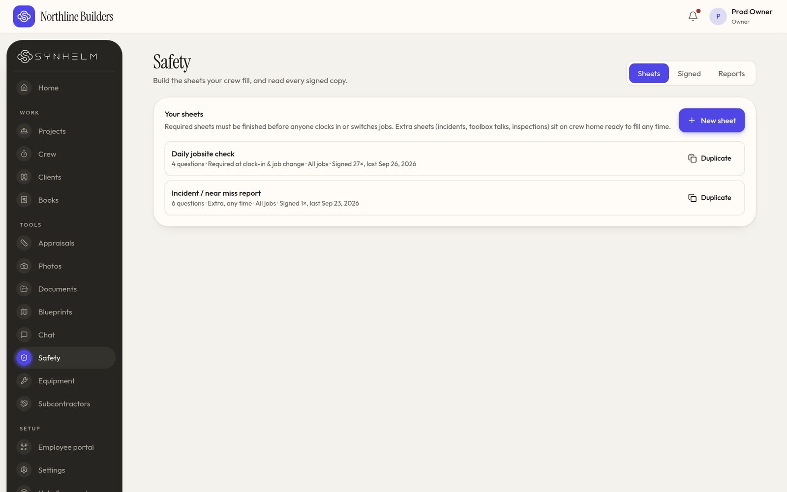 The Safety page listing the shop's sheets: a daily jobsite check required at clock-in and an incident report the crew can fill any time